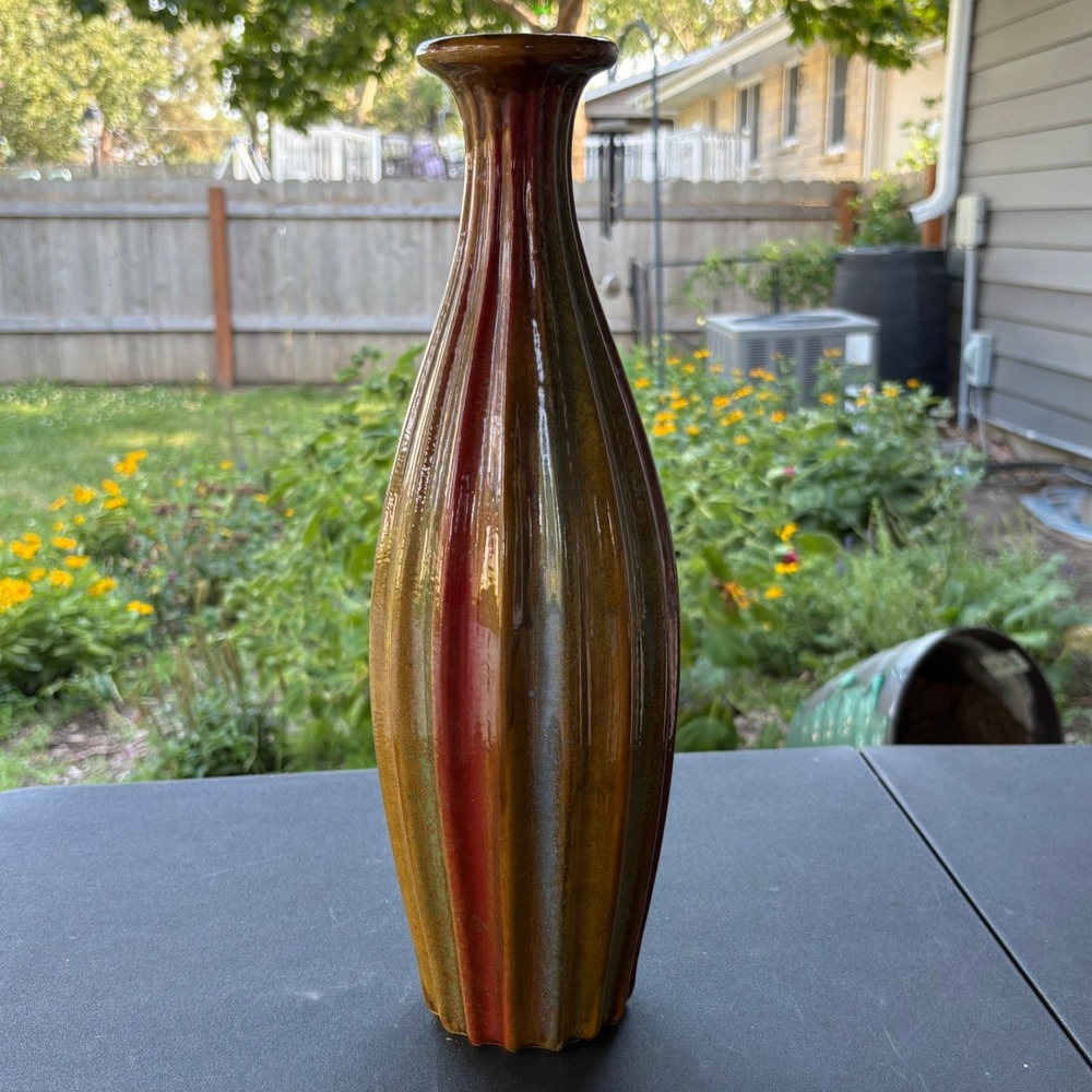 Vintage Style Ribbed Ceramic Vase Drip Glaze Earth Tones Red Amber